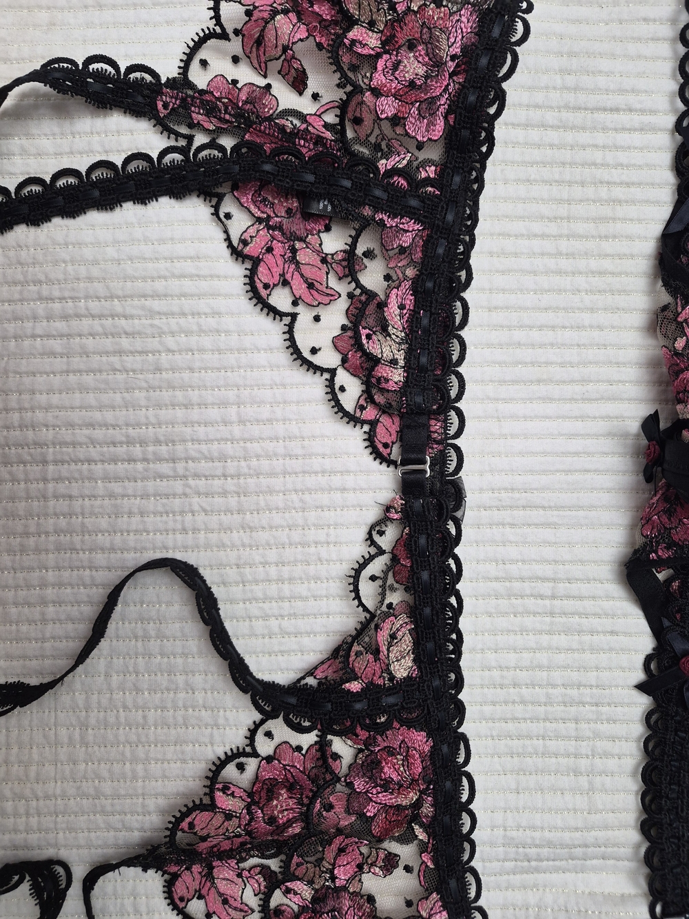 For Love And Lemons Black Sheer Bra & Garter Set with Pink Floral Embroidery - Picture 6 of 11